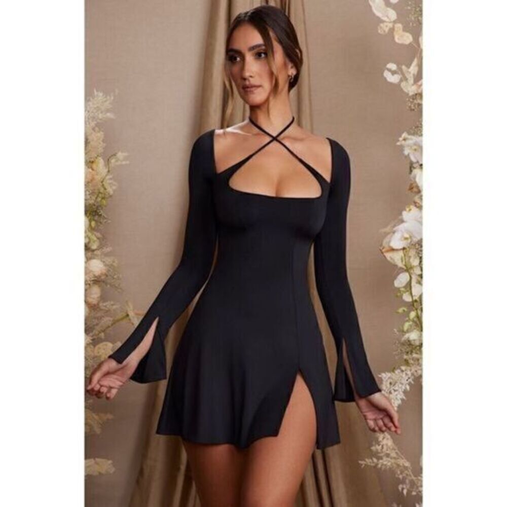 OH POLLY BLACK CRISS CROSS MINI DRESS